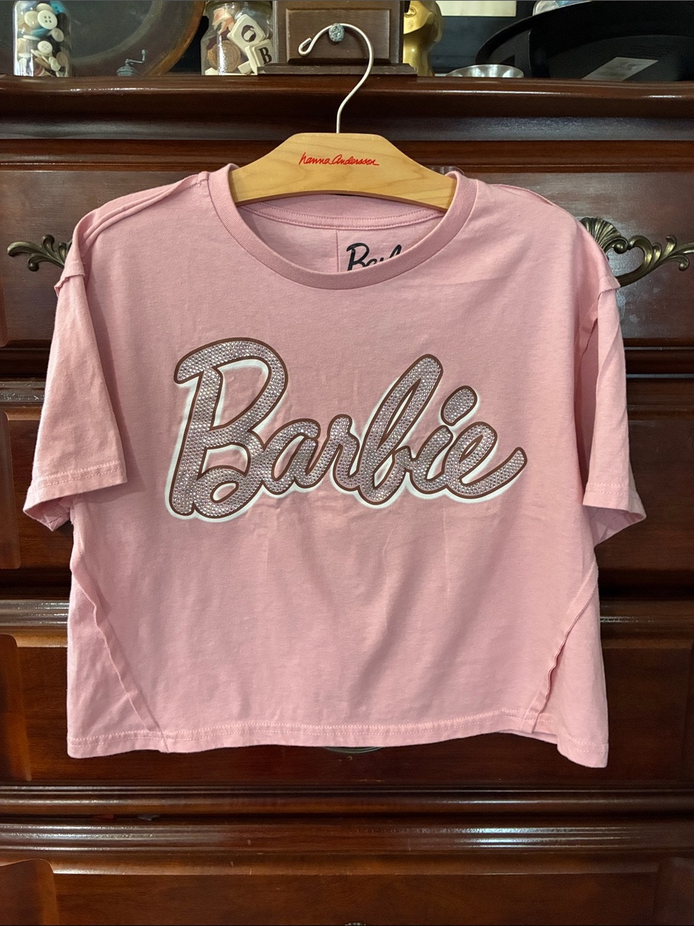 Barbie Pink Rhinestone Script Crop Tee